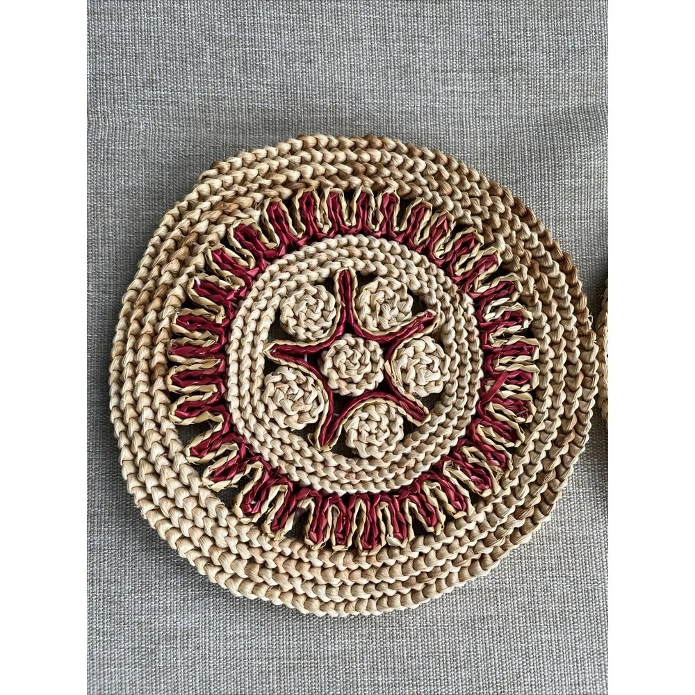 VINTAGE Wicker Straw Trivet Hot Pad Woven Rattan Raffia Boho Set Of 2